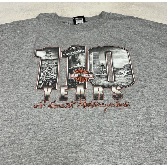 Harley Davidson 110 Year Anniversary Gray Double-sided Graphic T-Shirt Size 2XL - Picture 2 of 10